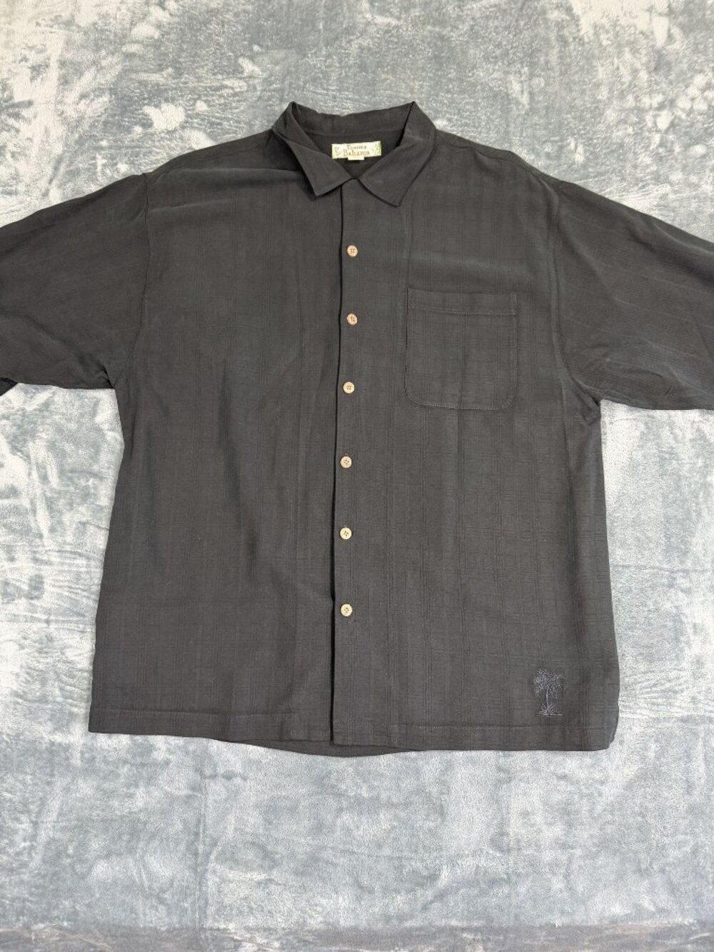 Tommy Bahama Mens Black Silk Short Sleeve Shirt XL Button-Up Palm Tree Logo